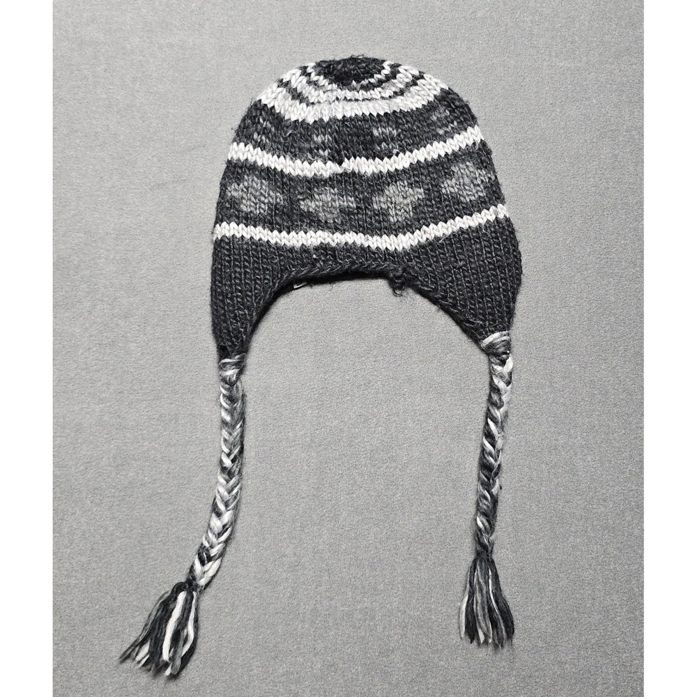 North Face Black Gray Knit Beanie Hat Braided Ear Flaps One Size‎ Unisex